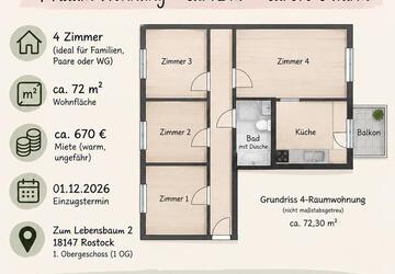 Wohnung Rostock Gehlsdorf - 4 Zimmer, 72 m&sup2;, 670&euro; | Angebot:27650529