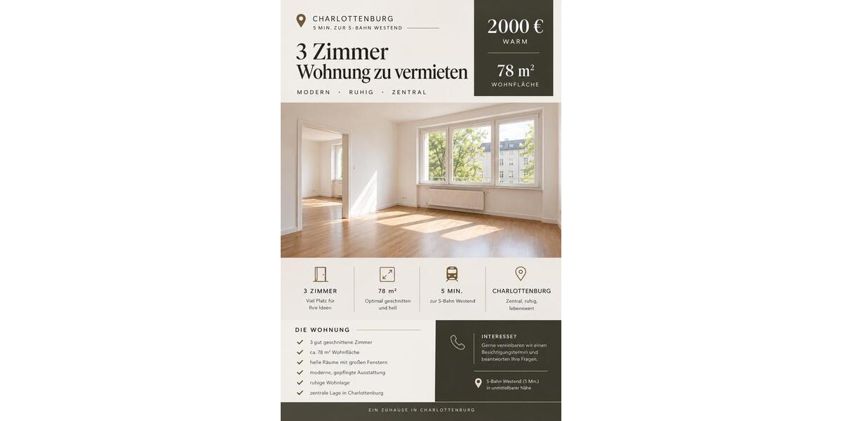 Etagenwohnung Berlin Charlottenburg-Wilmersdorf - 3 Zimmer, 78 m&sup2;, 2.000&euro; | Angebot:27658349